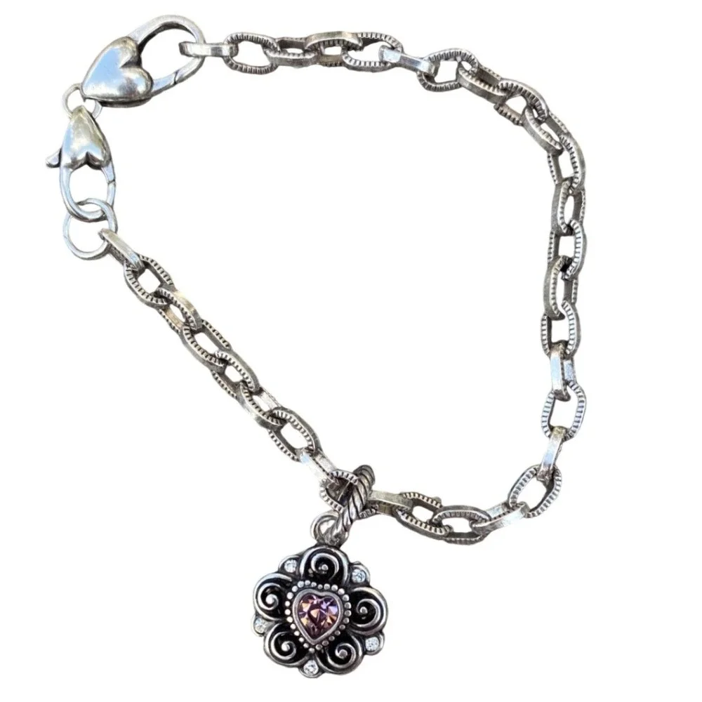 Brighton Silver Tone Heart Charm Flower Bracelet Pink‎ Gemstone Crystal Accents